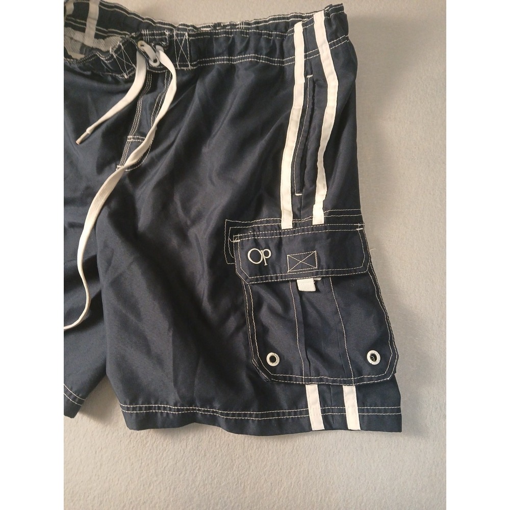 OP SPORT SWIM TRUNKS SHORTS Men's M NAVY Blue Print Lined Beach Board Surf!! - Picture 2 of 6